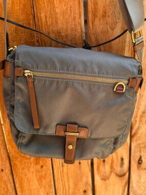 Tumi grey nylon crossbody bag brown leather trim